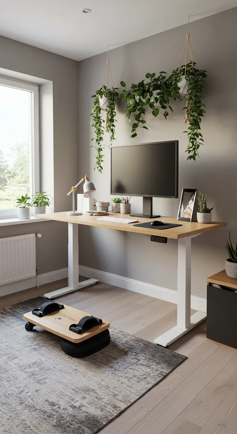 Bureau assis-debout moderne avec une canopée de plantes suspendues.