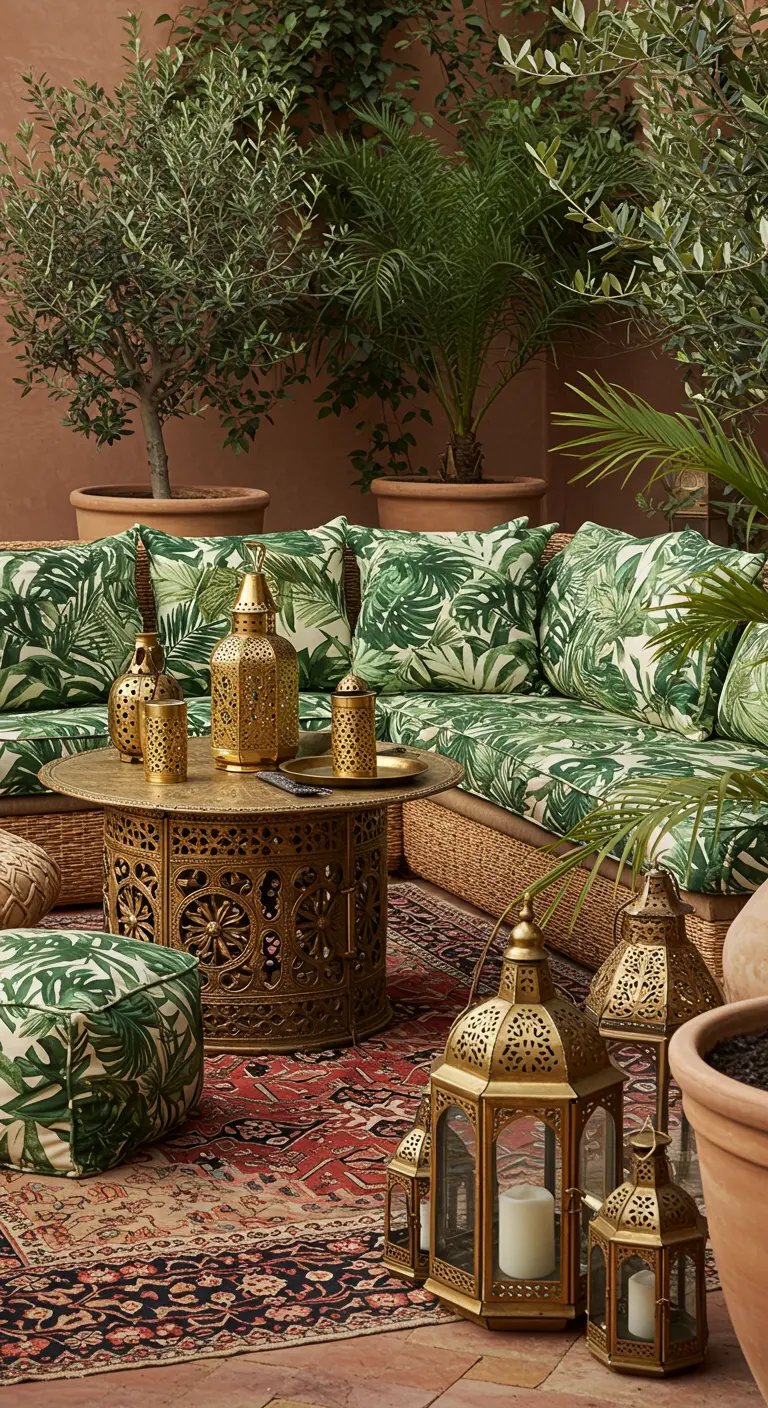 Salon d'extérieur d'inspiration marocaine avec des lanternes en laiton et des coussins à motifs de feuilles.