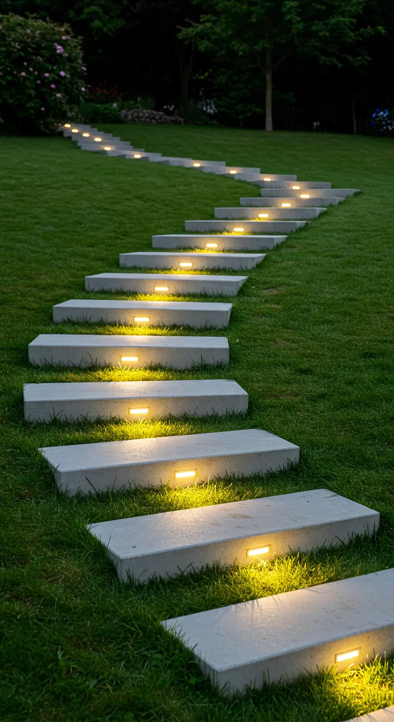 Escalier en béton dans une pelouse, avec des lumières LED encastrées sous chaque marche.