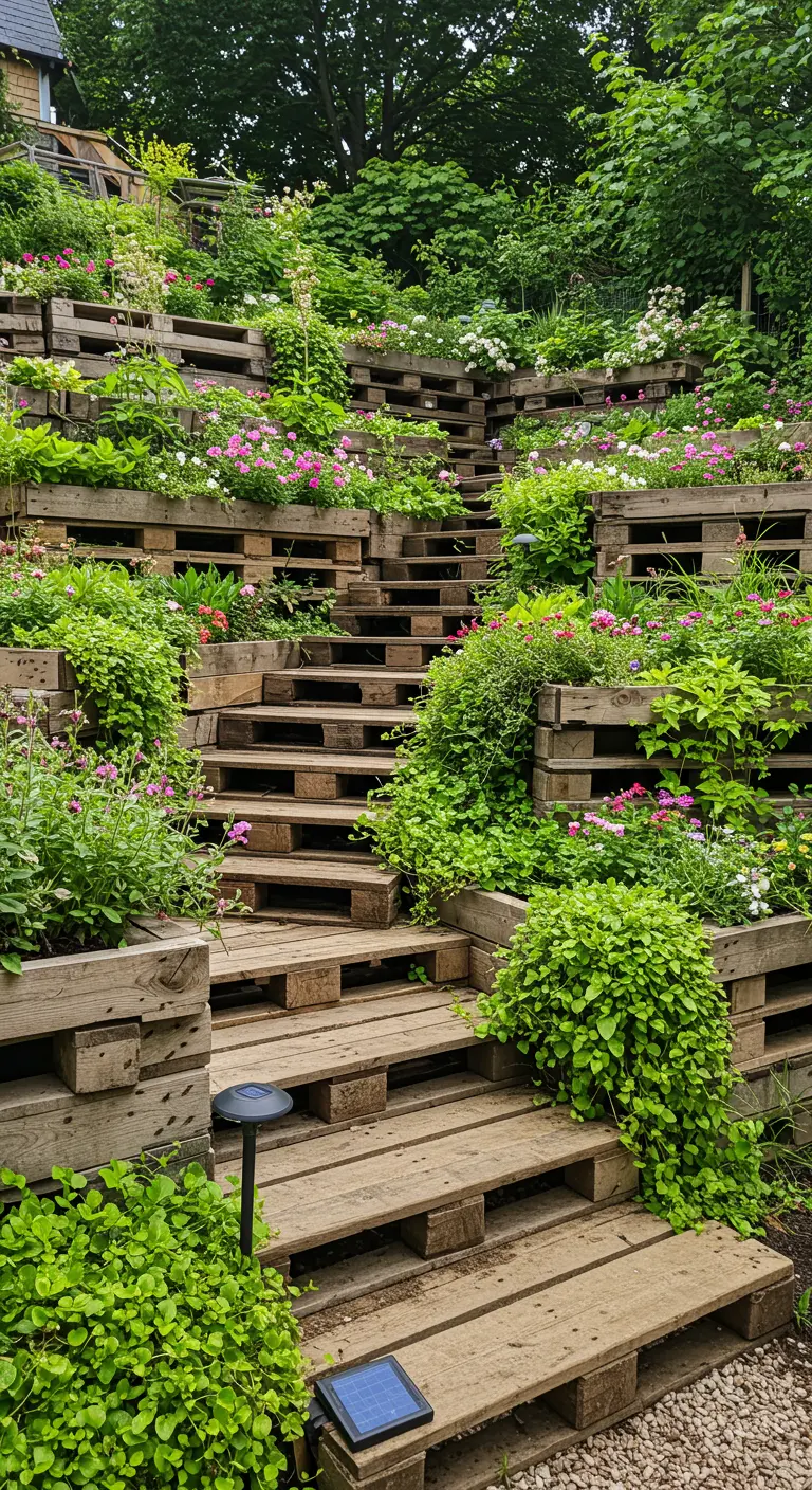 Escaliers de jardin en terrasses faits de palettes, débordant de fleurs et de plantes vertes.