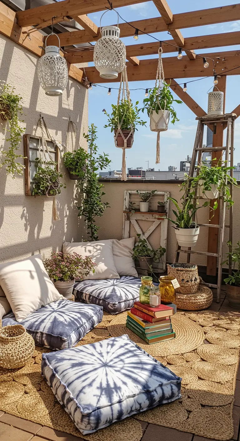 Terrasse bohème avec coussins au sol, macramé et plantes suspendues.