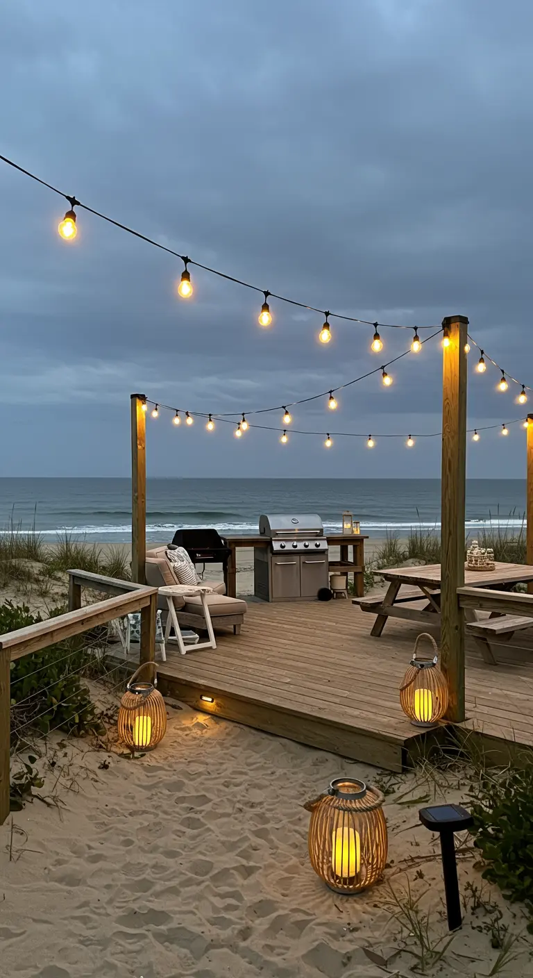 Terrasse en bois sur la plage avec guirlandes lumineuses, lanternes en rotin, barbecue et vue sur l'océan.