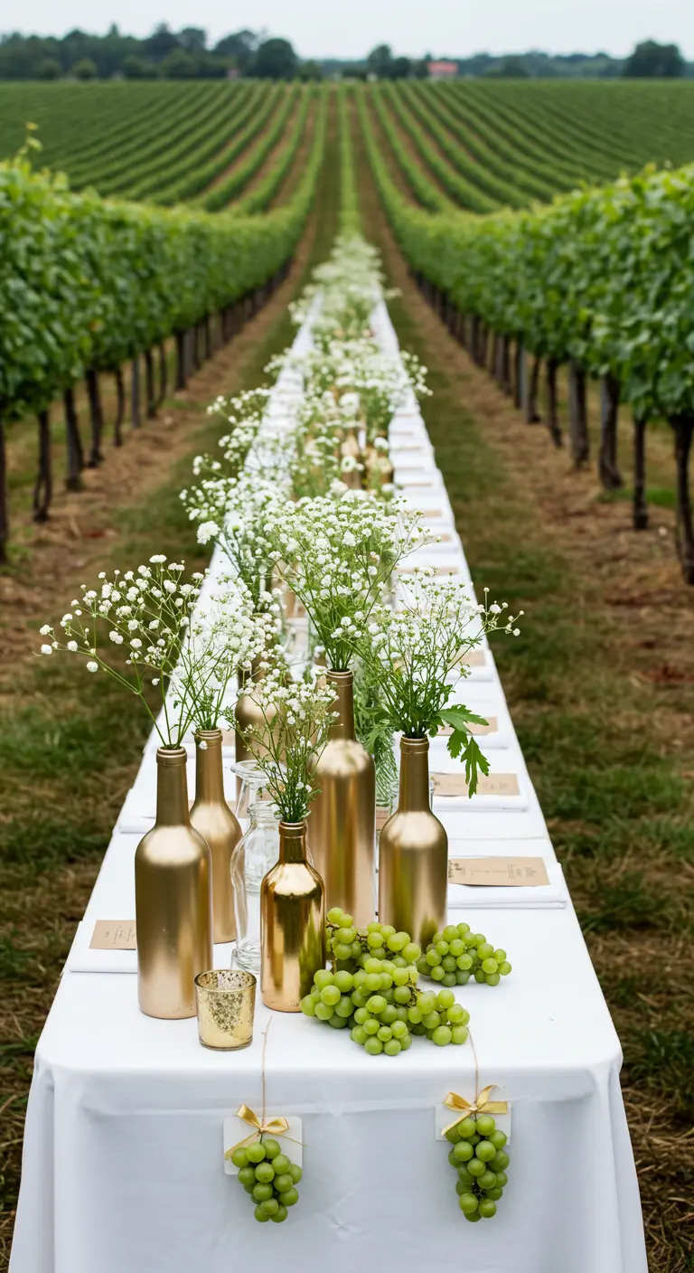 Longue table blanche dressée au milieu des vignes, décorée de bouteilles dorées et de raisin.