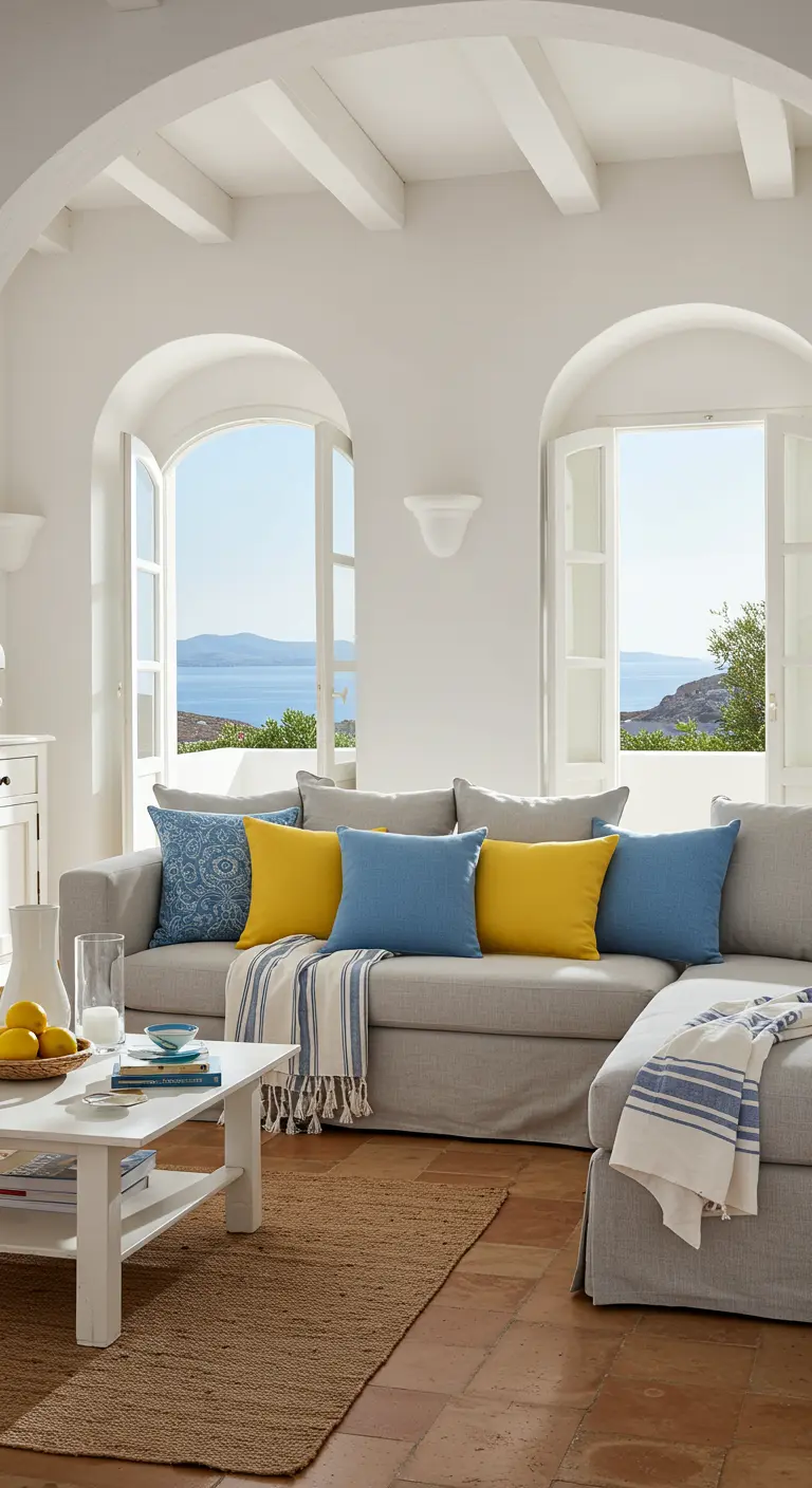 Canapé gris dans une maison de style méditerranéen, avec des coussins bleus et jaunes.