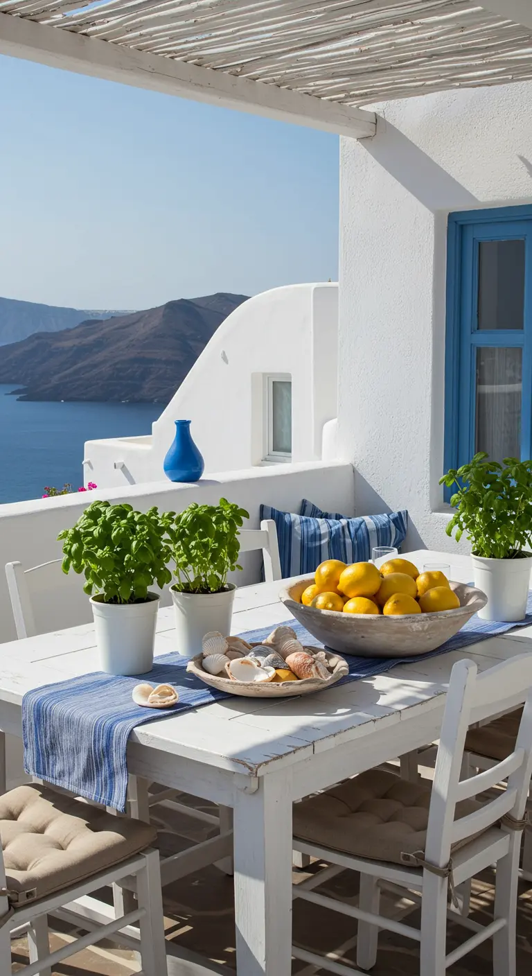 Table blanche avec des pots de basilic, un bol de citrons et des coquillages, vue sur la mer.