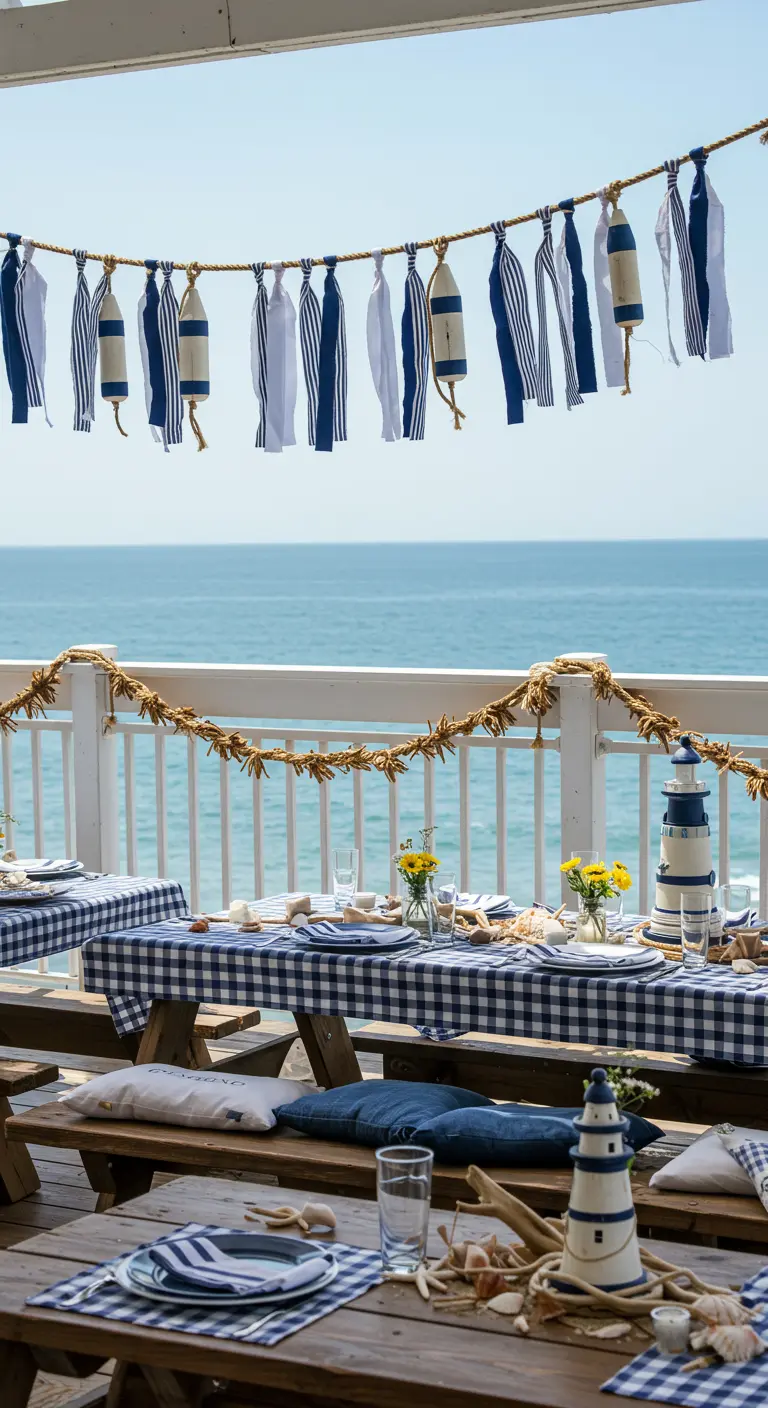 Guirlande marine avec bouées miniatures et tissus rayés bleu et blanc au bord de l'océan.