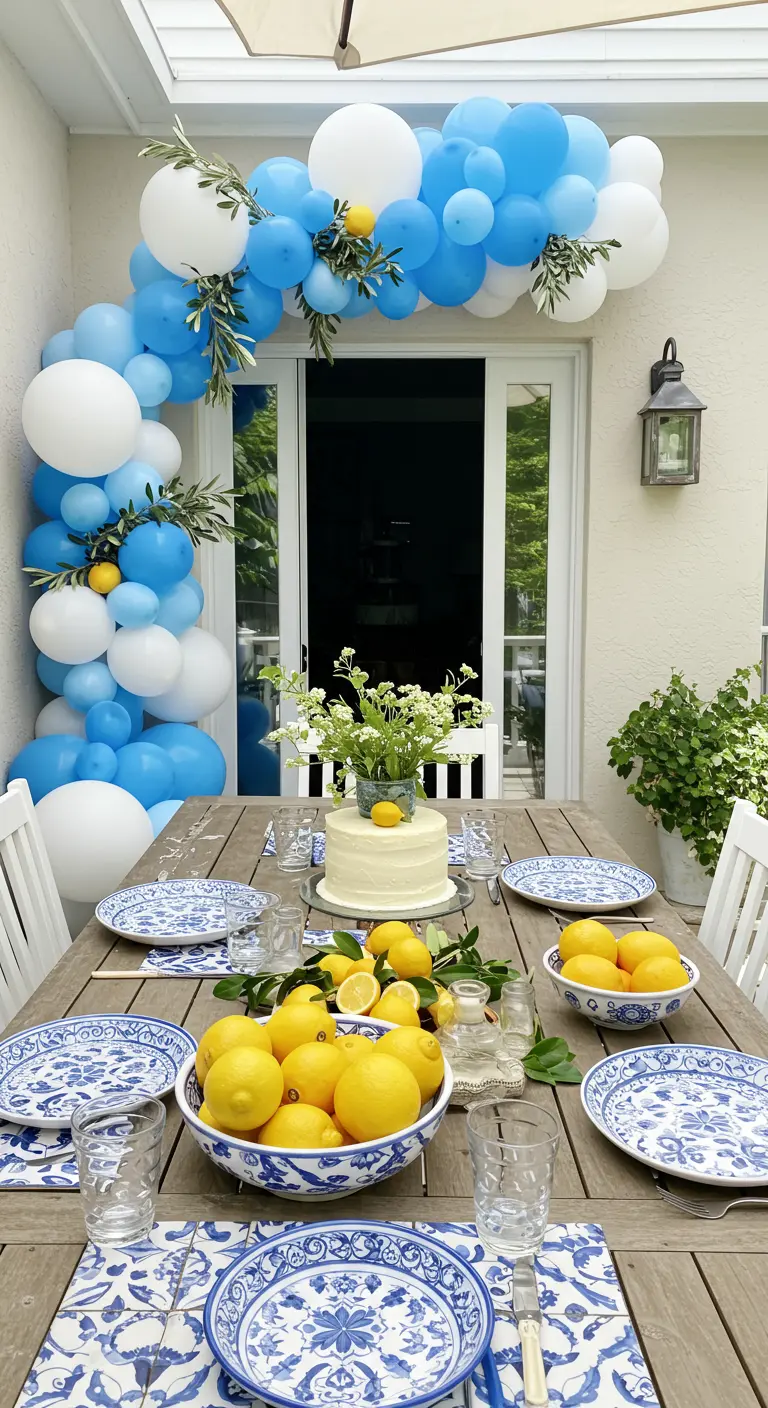 Arche de ballons bleus et blancs décorée de citrons et de branches d'olivier.
