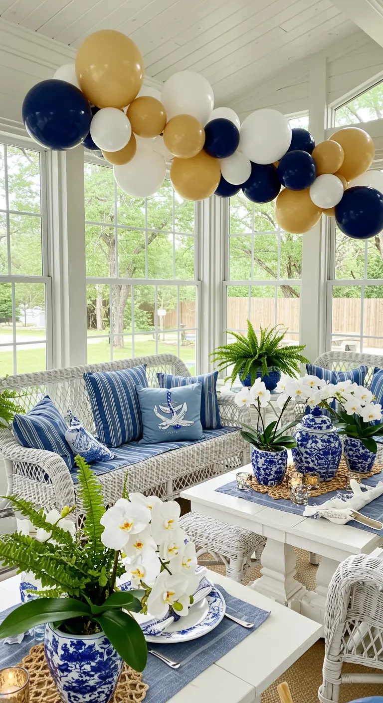 Véranda de style nautique avec mobilier en rotin blanc et ballons bleu, blanc, or.