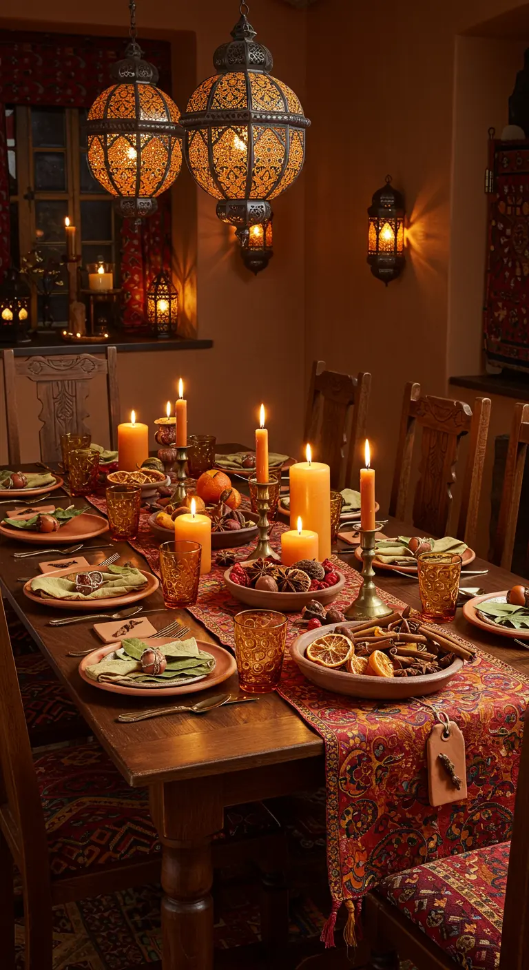Table en bois avec chemin de table ethnique, fruits secs, bougies orange, sous des lanternes orientales.