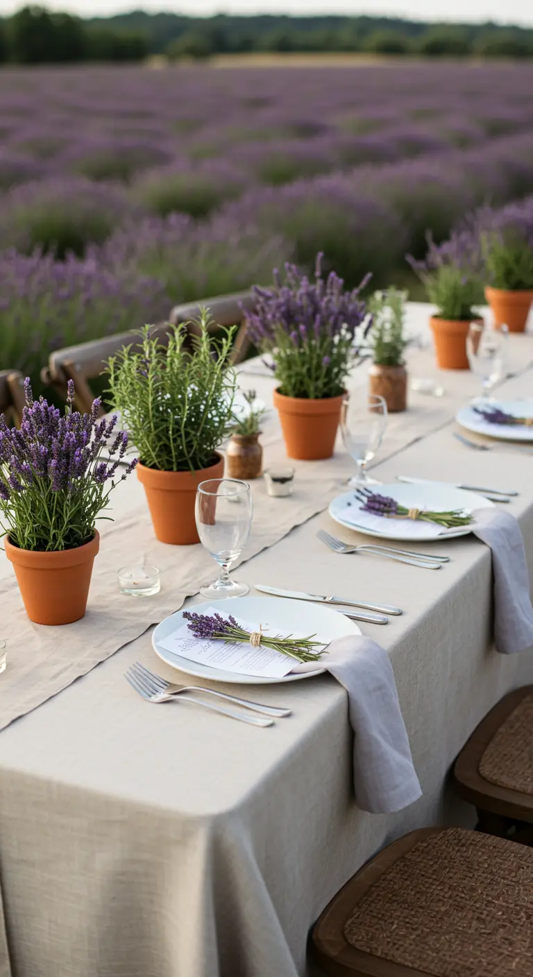 Table de mariage dressée devant un champ de lavande, avec des pots de lavande en centre de table.