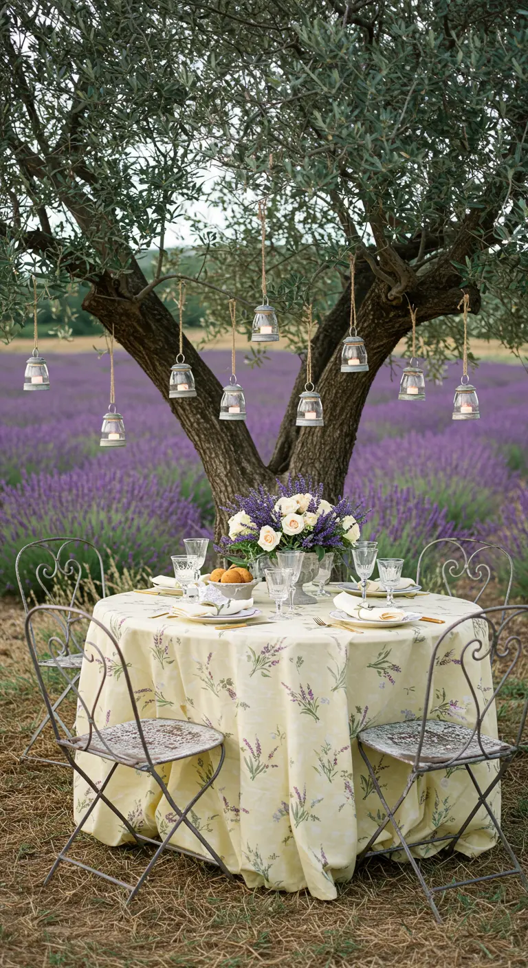 Table pour deux sous un olivier dans un champ de lavande, avec des photophores suspendus.