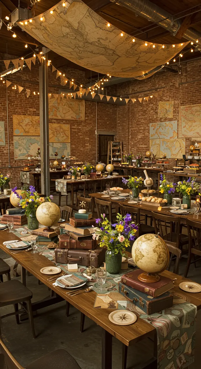 Tables de fête sur le thème du voyage, avec des globes, des cartes, des valises et des fleurs.