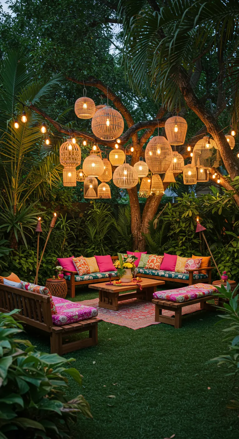 Salon de jardin tropical avec mobilier en bois, coussins colorés, guirlandes et nombreux lampions en bambou.