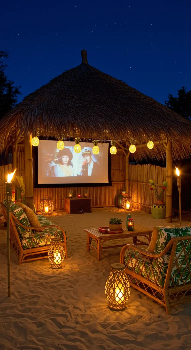 Cabane tiki sur le sable avec des meubles en rotin et un écran pour une ambiance tropicale.