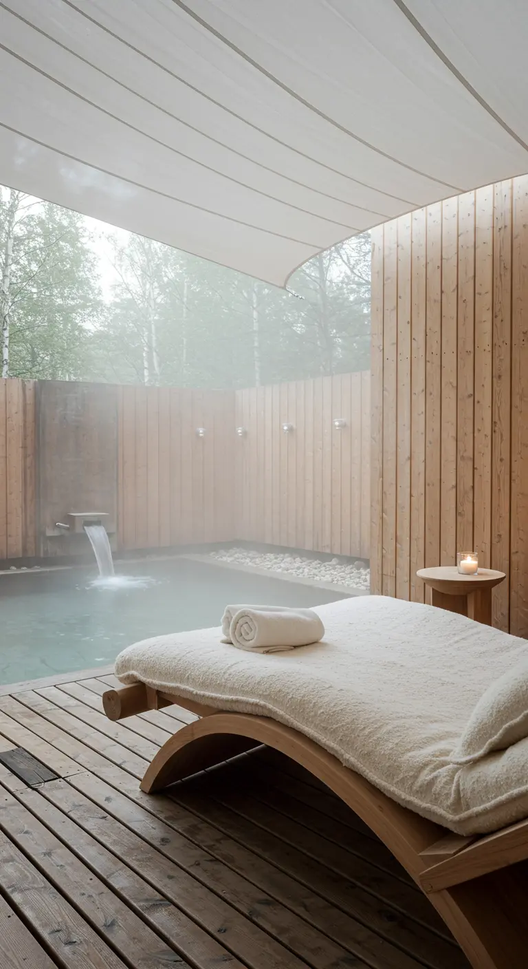 Chaise longue en bois sur une terrasse de spa avec un bassin