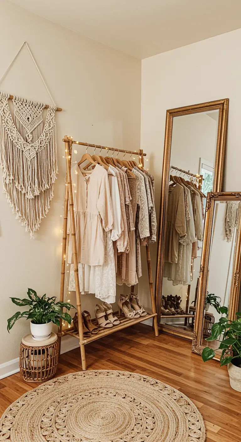 Dressing bohème avec portique en bambou, miroirs dorés, tapis en jute et macramé mural.