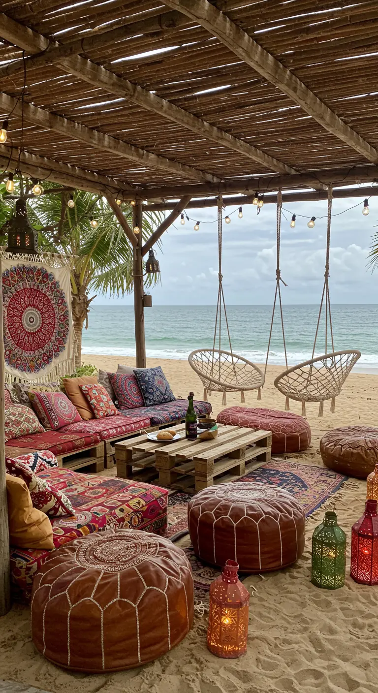 Lounge bohème sur la plage avec canapés en palettes, coussins colorés, poufs et guirlandes.