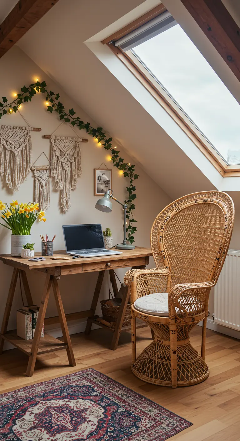 Bureau sous pente avec fauteuil en rotin, décoré de macramé et d'une guirlande lumineuse.