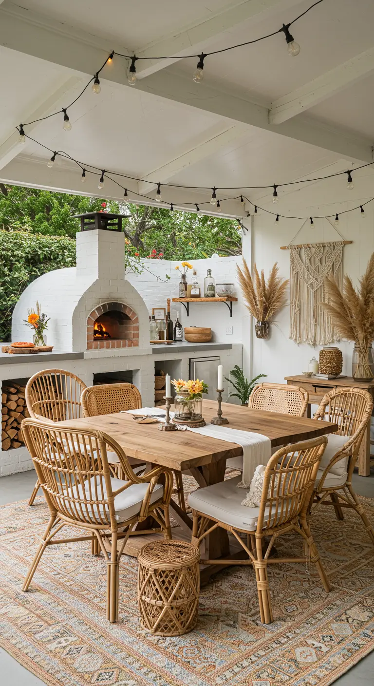 Cuisine extérieure bohème avec four à pizza blanc, chaises en rotin et tapis.