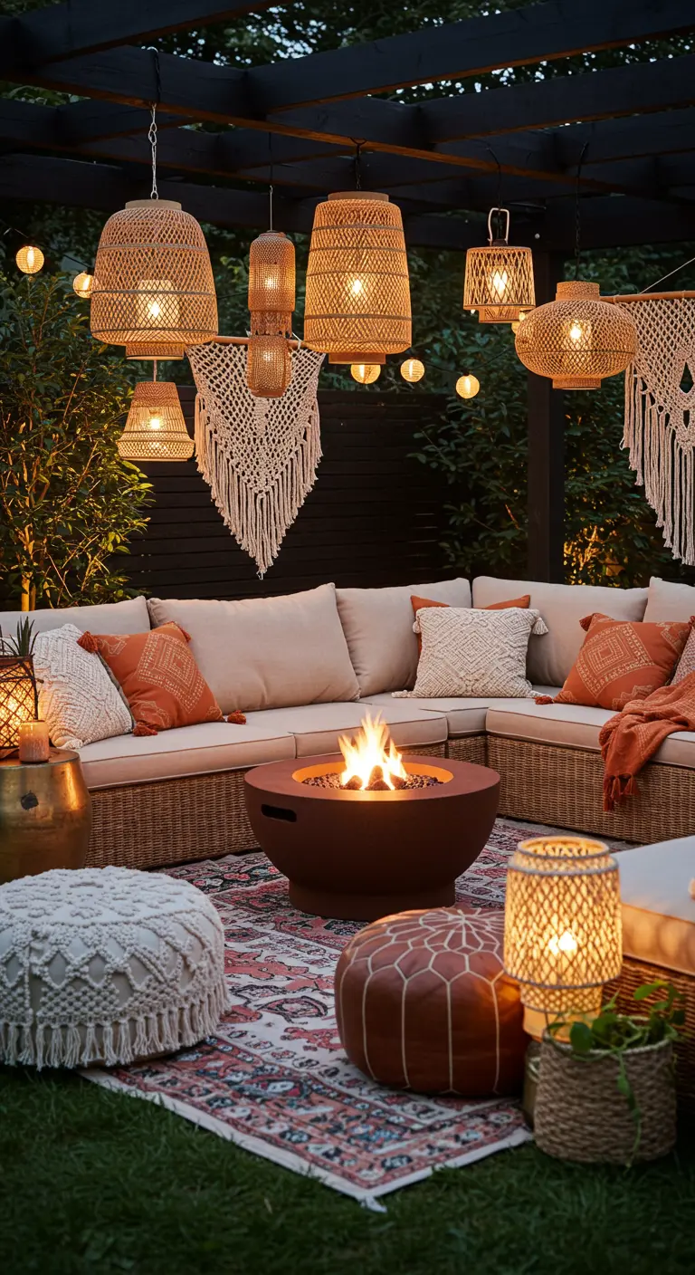 Salon de jardin bohème avec brasero, tapis et lanternes en rotin.