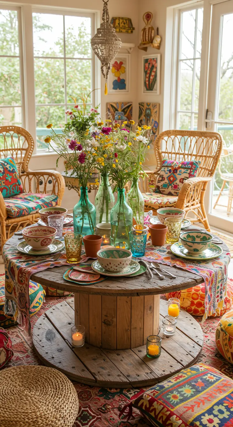 Table basse ronde faite d'une bobine en bois, entourée de coussins de sol et de tapis colorés, avec des vases fleuris.
