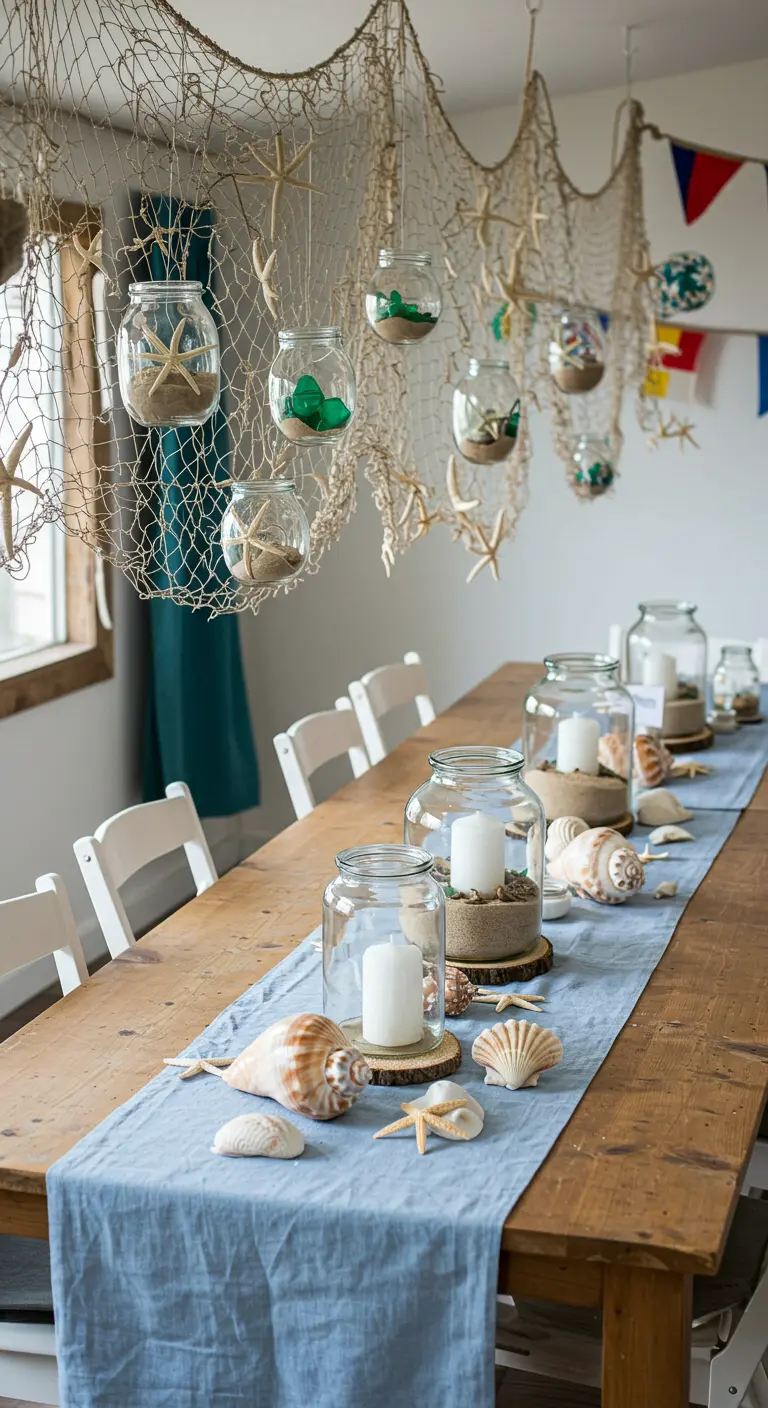Table de fête thème marin avec filet de pêche et bocaux suspendus.