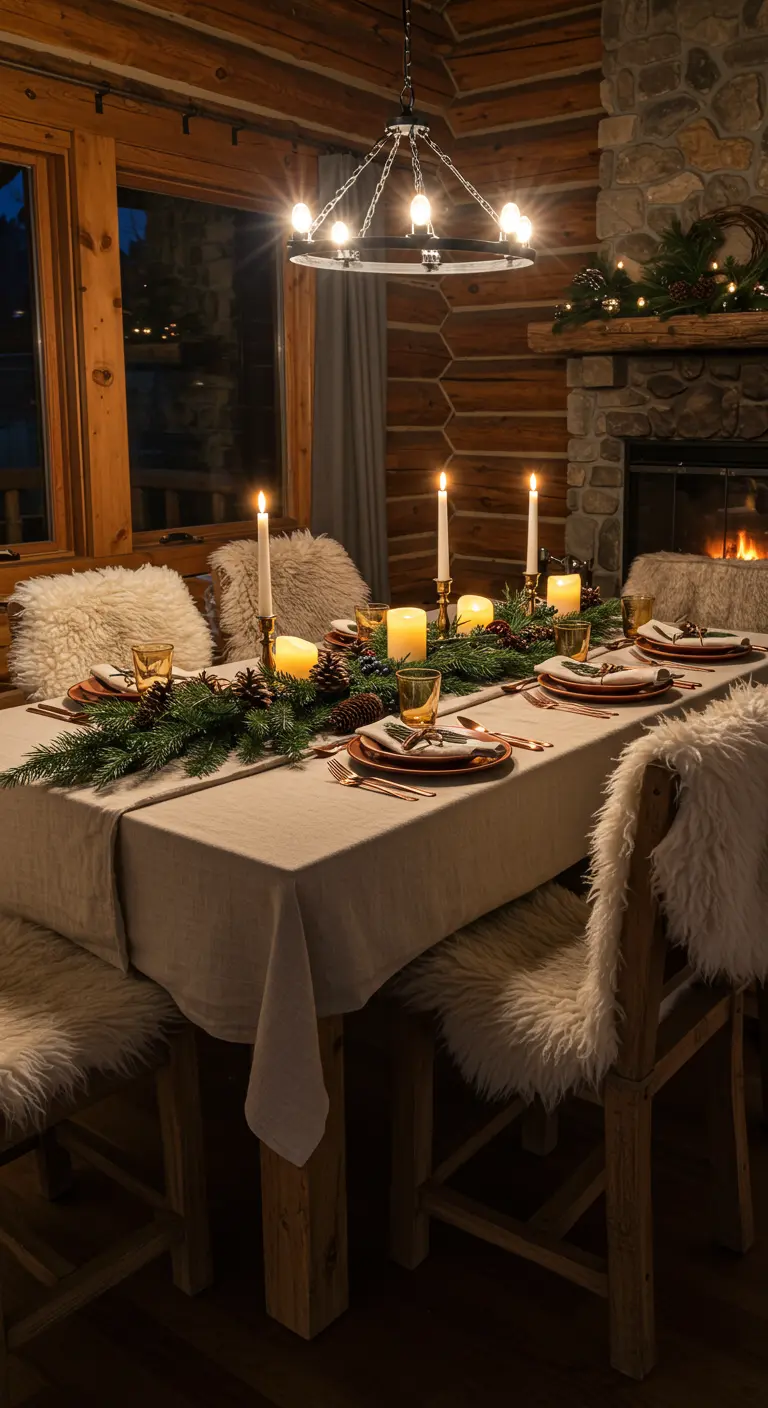 Table de réveillon rustique avec chemin de table en sapin et chaises en fausse fourrure.