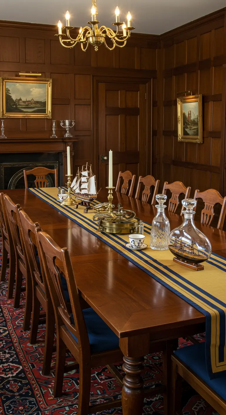 Longue table en bois avec un chemin de table bleu et or, des maquettes de bateaux et des bougeoirs en laiton.