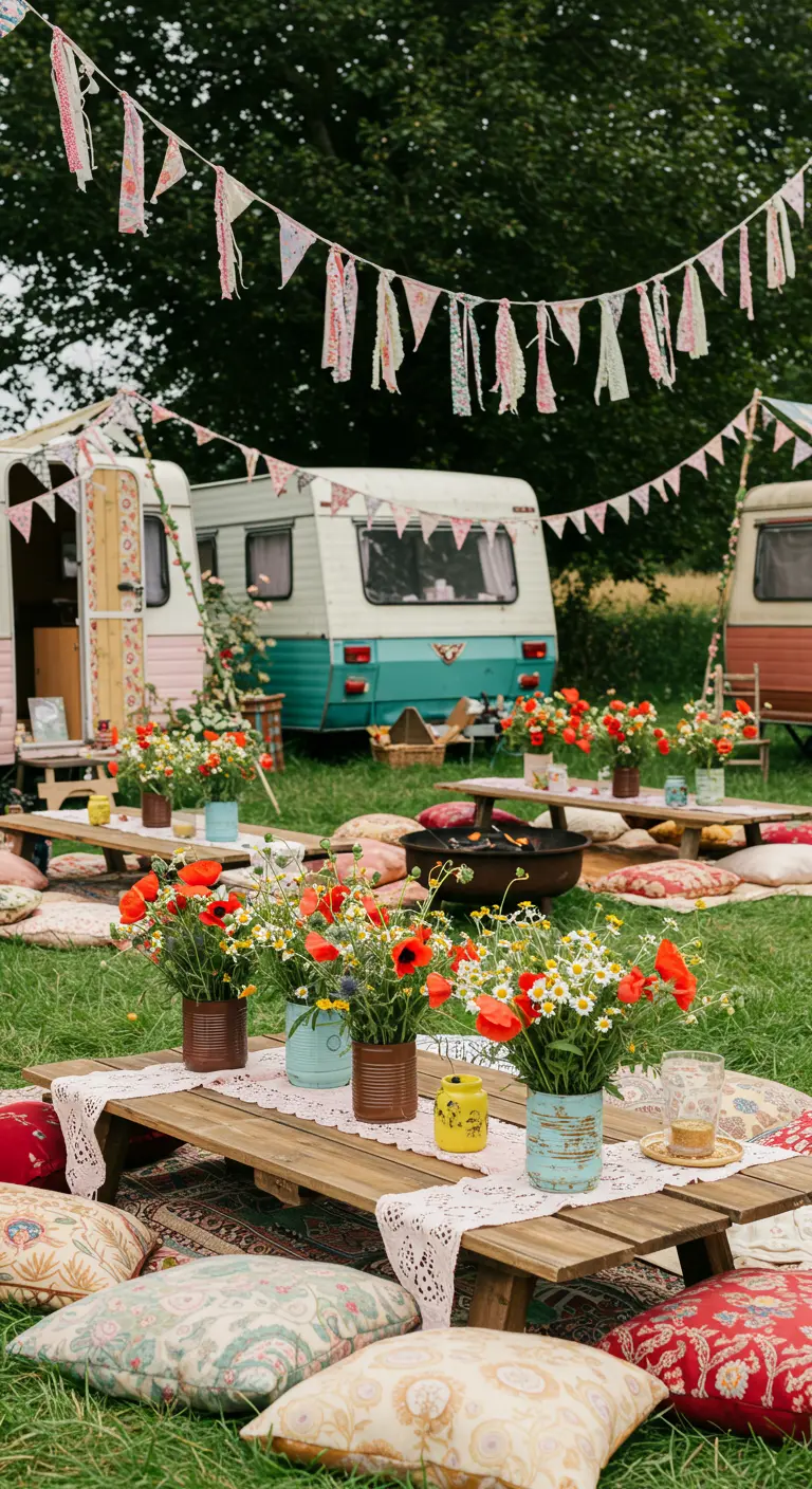 Fête champêtre avec caravanes vintage, tables basses en palettes, coussins, bouquets de coquelicots et guirlandes de tissus.