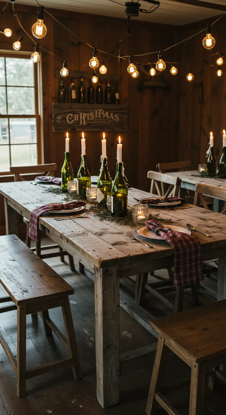 Longues tables en bois dans une grange illuminée par des guirlandes guinguette, avec des bouteilles de vin en bougeoirs.