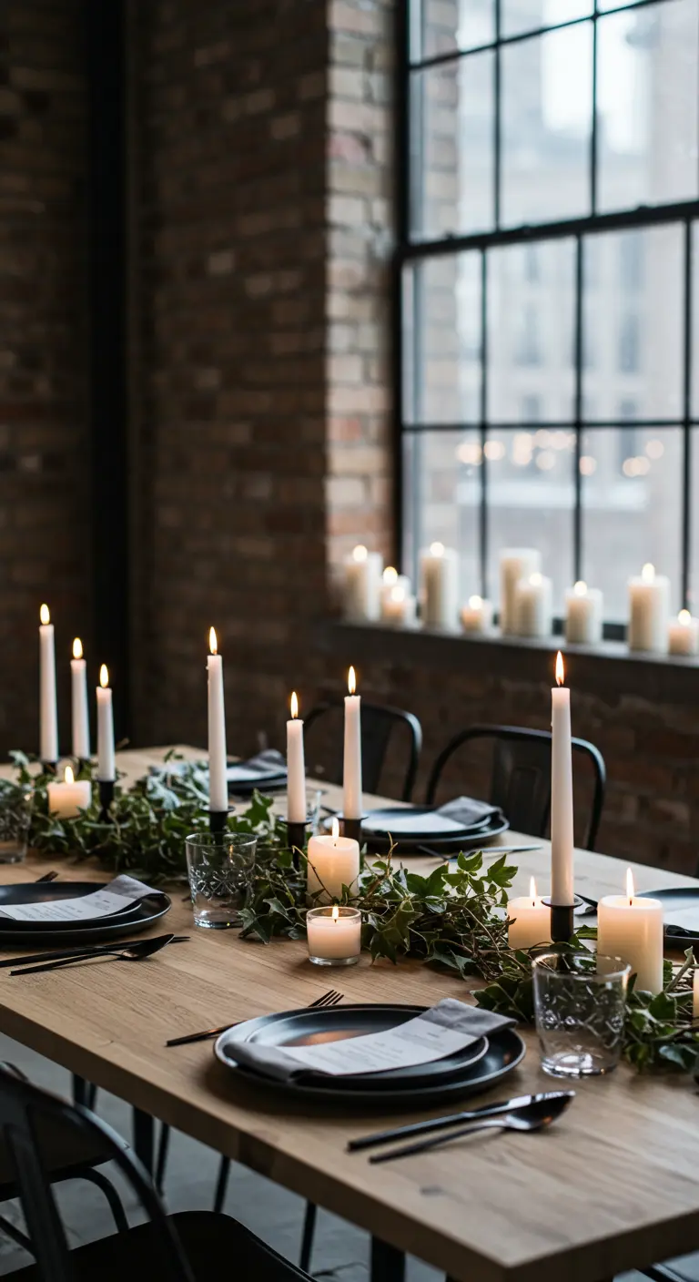 Table de fête dans un loft avec mur de briques, décorée de lierre et de bougies.