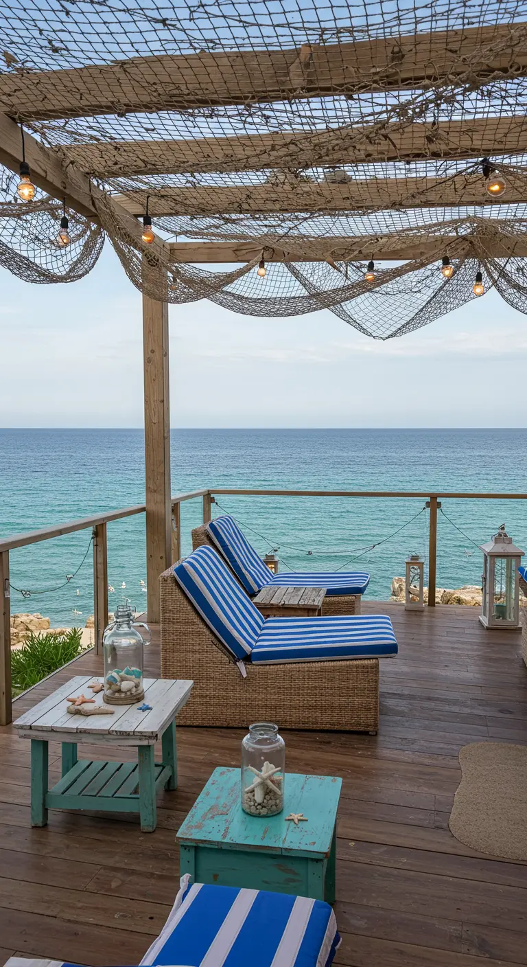Terrasse en bois vue sur la mer avec un filet de pêche décoratif et des guirlandes lumineuses.