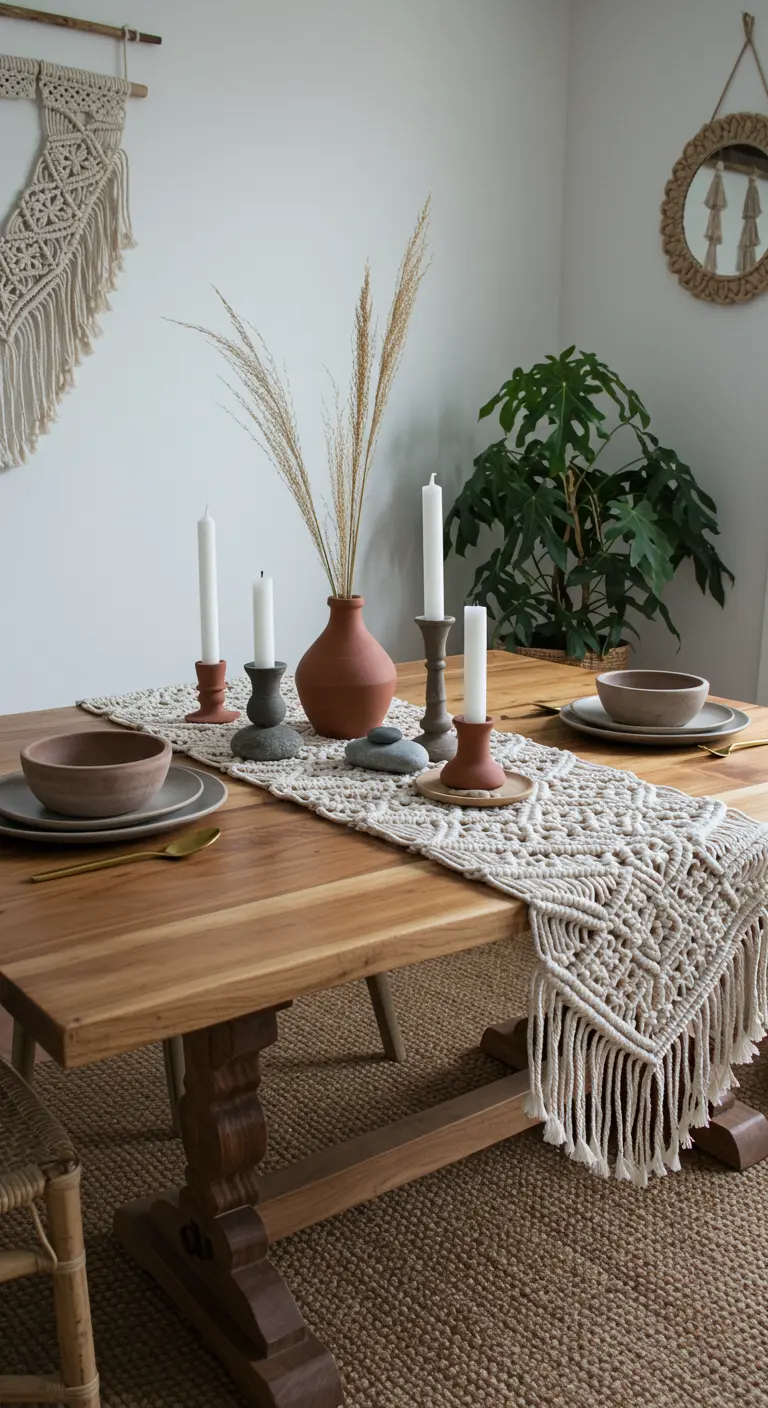 Chemin de table en macramé beige clair, bougeoirs et vase en terre cuite avec herbes de pampa