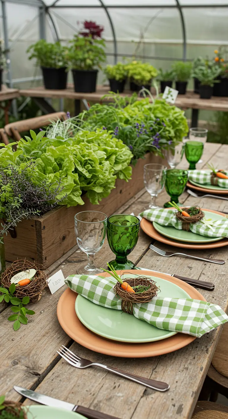 Table de Pâques dans une serre avec des salades en centre de table et du vichy vert.