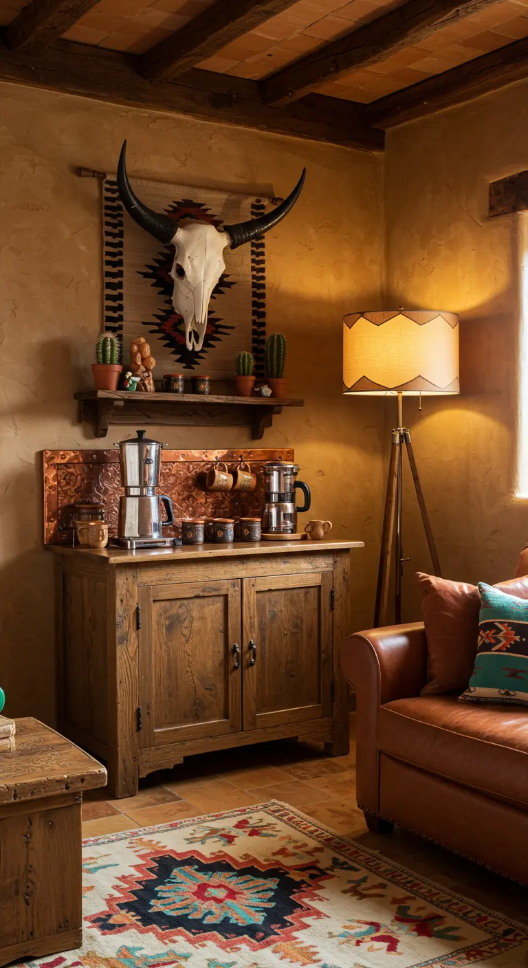 Coin café style ranch avec buffet en bois, panneau cuivre, crâne décoratif et tapis.