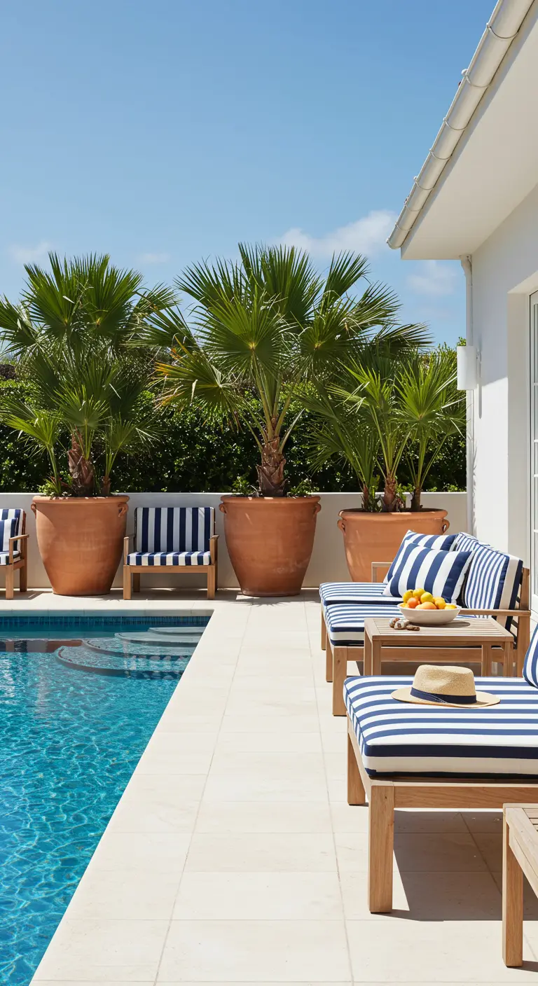 Bord de piscine avec de grands palmiers en pot et des chaises longues à rayures.