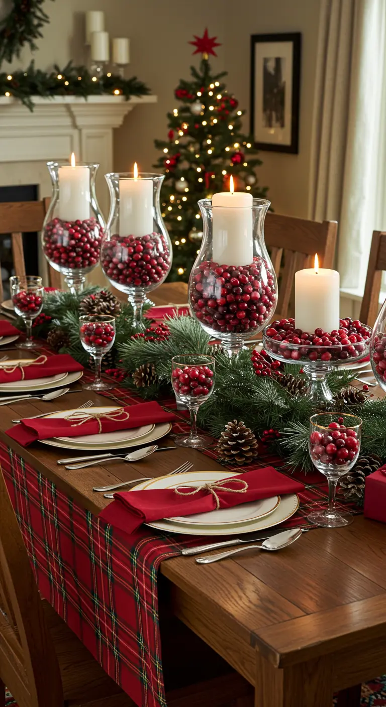 Table de Noël traditionnelle avec vases de cranberries et bougies, chemin de table tartan.