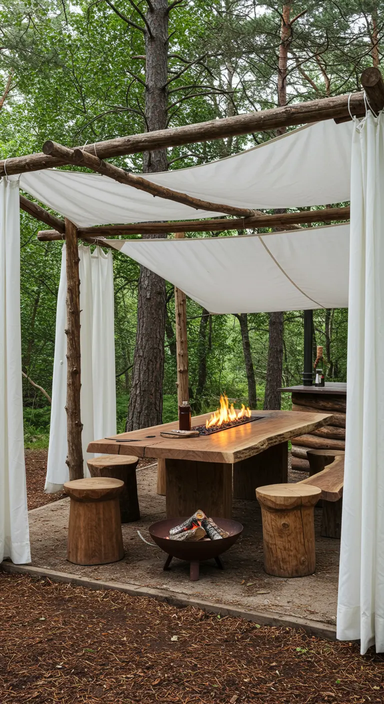 Abri rustique en bois avec un feu de camp intégré à la table