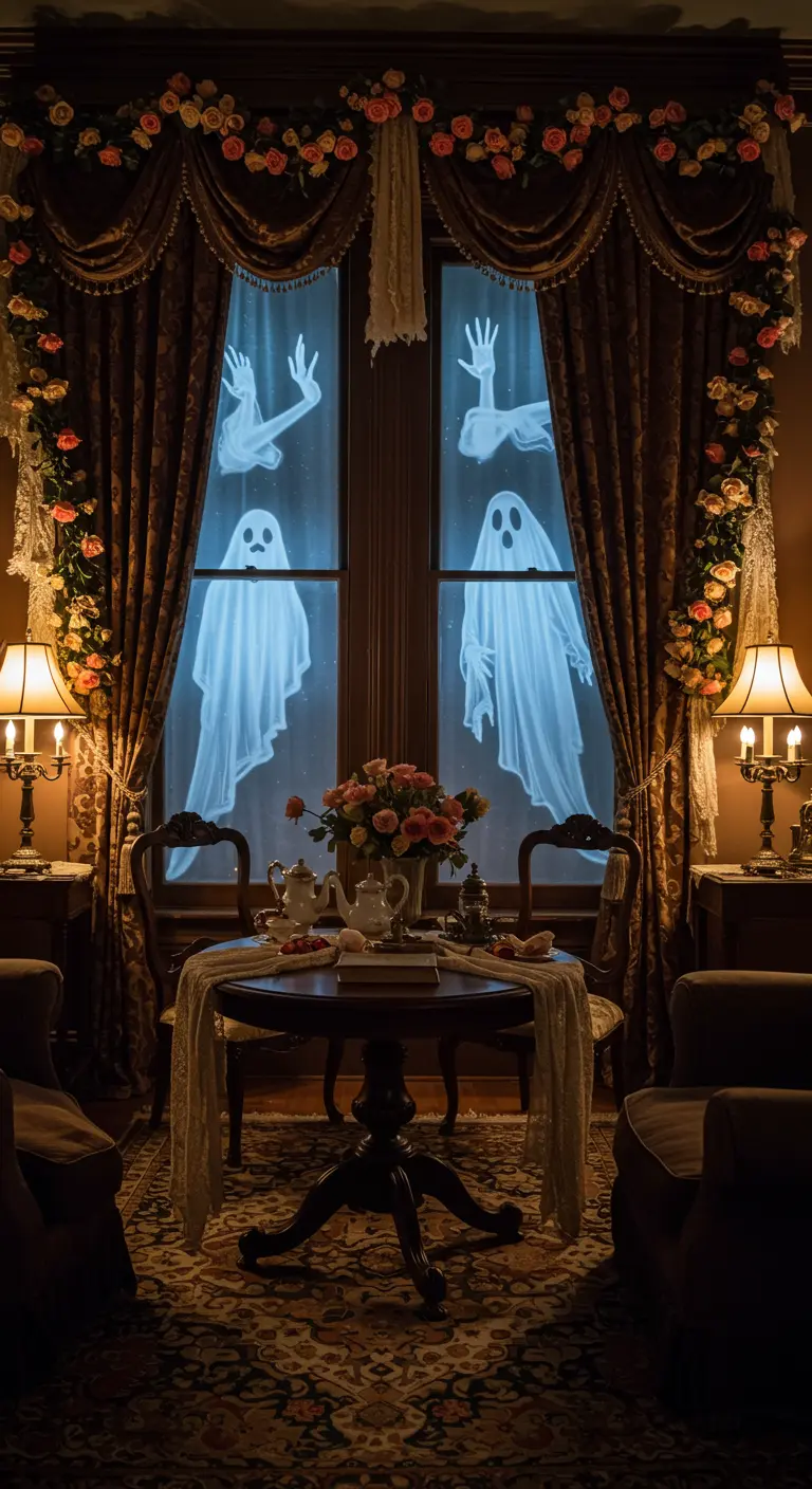 Salle à manger avec fantômes élégants aux fenêtres, guirlandes de roses et ambiance tamisée.