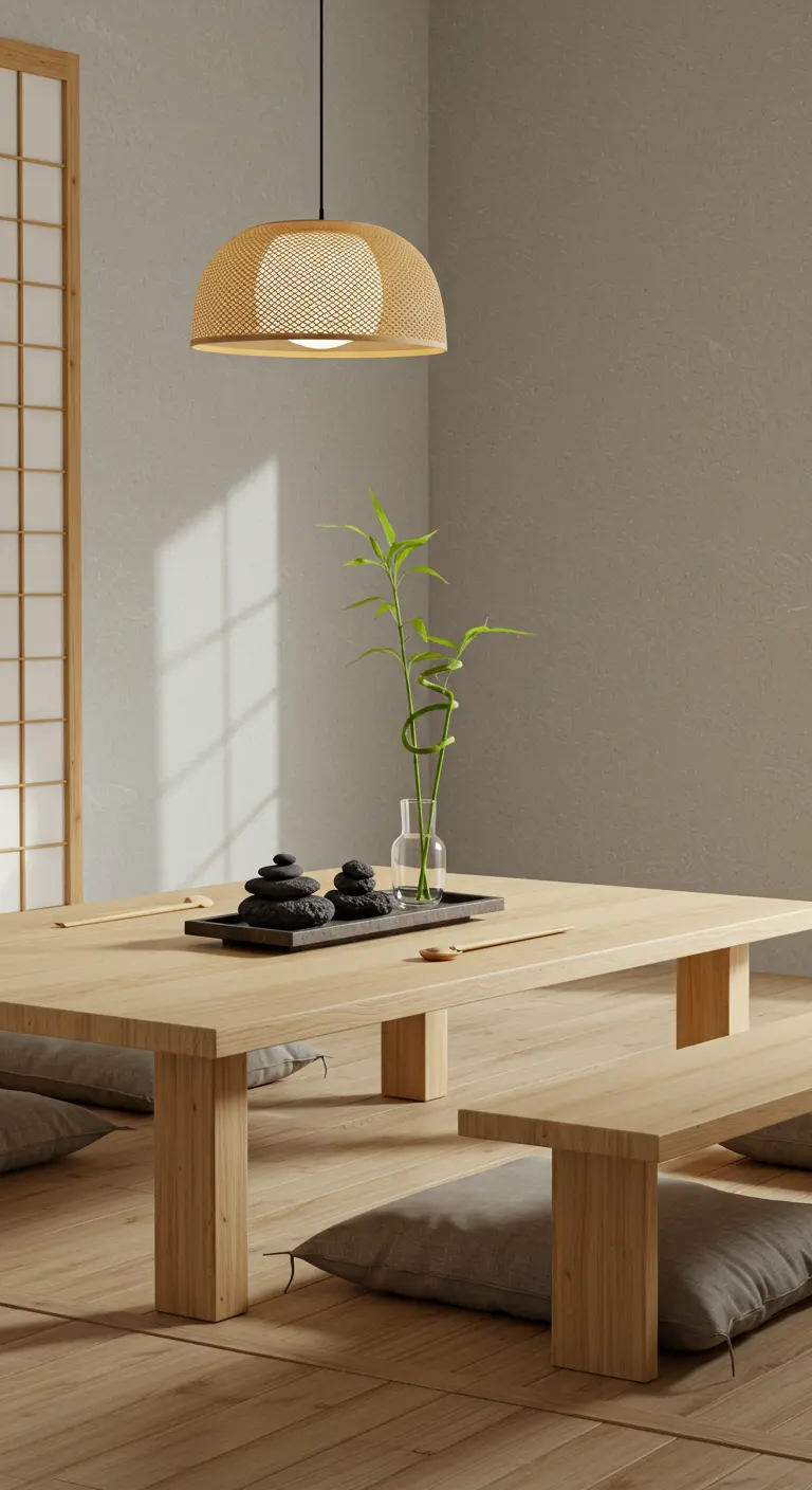 Table basse Japandi avec un brin de bambou dans un vase et des galets sur un plateau en bois.