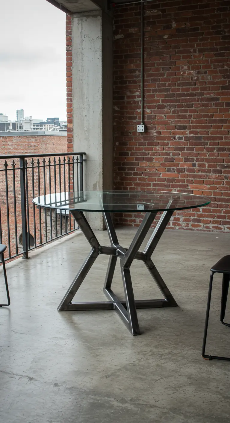 Table ronde avec pied en acier géométrique sur un balcon industriel.