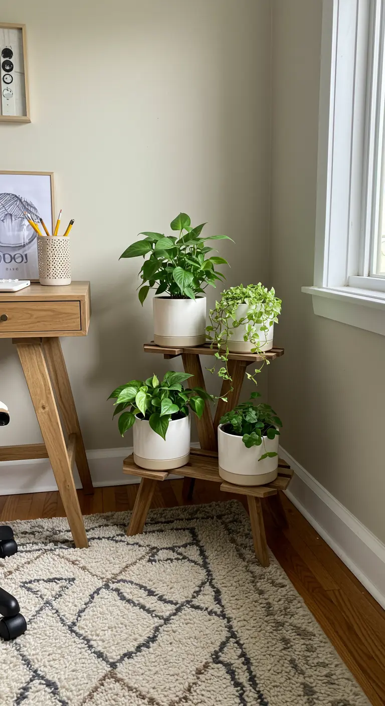 Quatre petites plantes en pots blancs et terre cuite sur un support à plantes en bois à plusieurs niveaux.