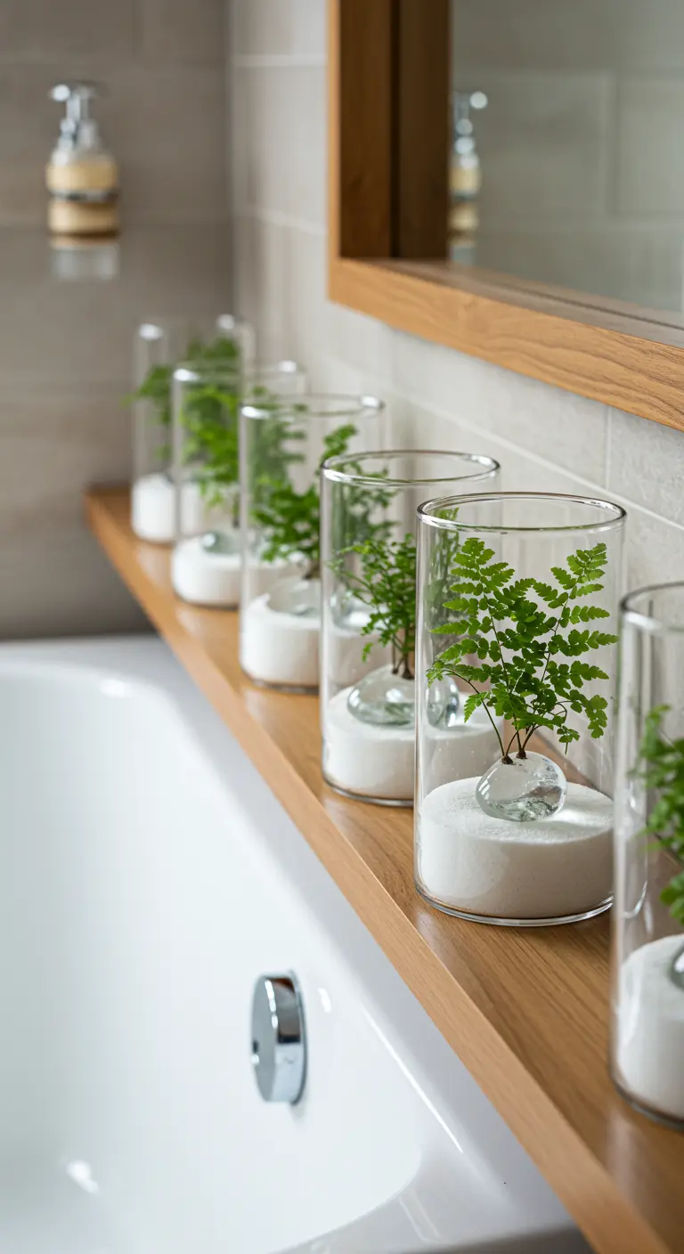 Série de mini-terrariums cylindriques avec fougères, sable blanc et galets sur une étagère en bois dans une salle de bain.