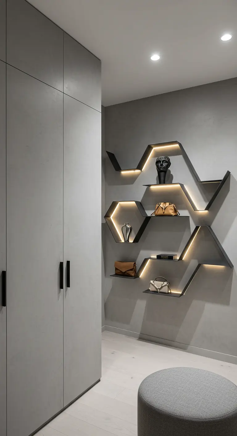 Dressing gris avec étagères flottantes géométriques illuminées exposant des accessoires de luxe.