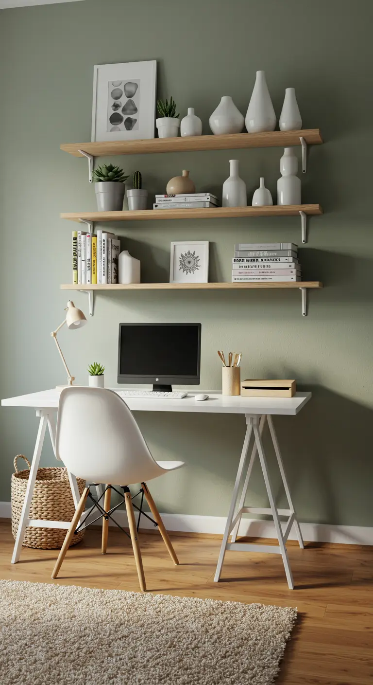 Bureau blanc sous trois étagères flottantes en bois clair sur un mur vert sauge