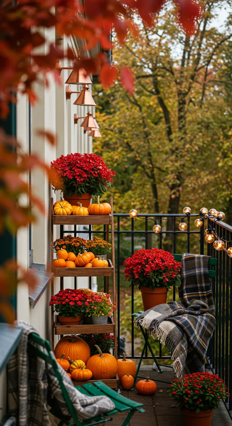Balcon avec étagère décorée de citrouilles, chrysanthèmes, guirlande de feuilles et plaid écossais.