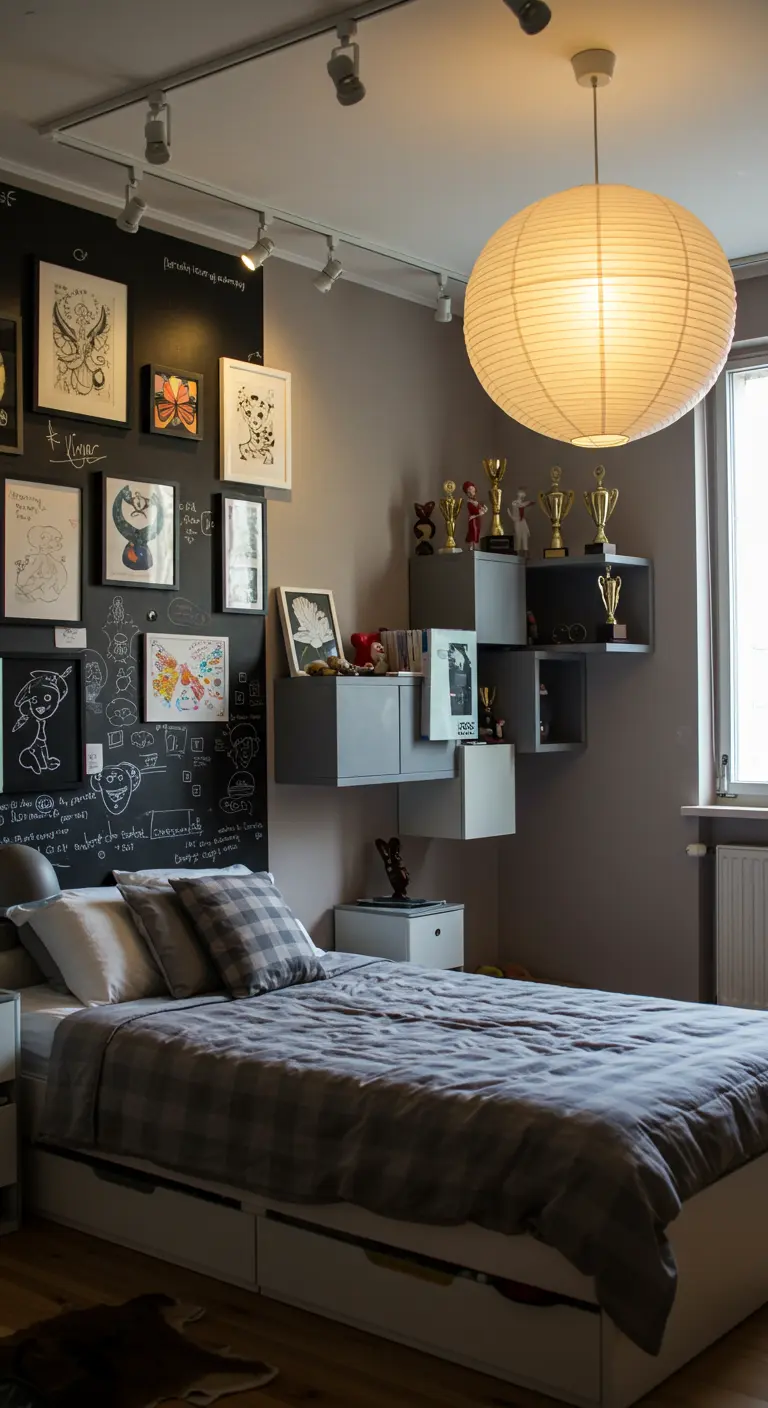 Chambre ado avec des étagères cubiques grises suspendues, un mur tableau noir et un grand lit.