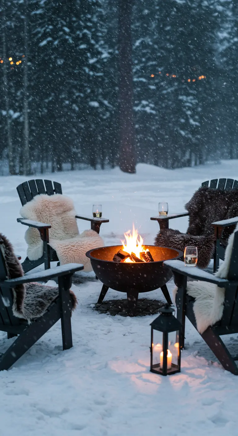 Coin feu enneigé avec fauteuils Adirondack sombres, peaux de mouton, brasero et lanternes