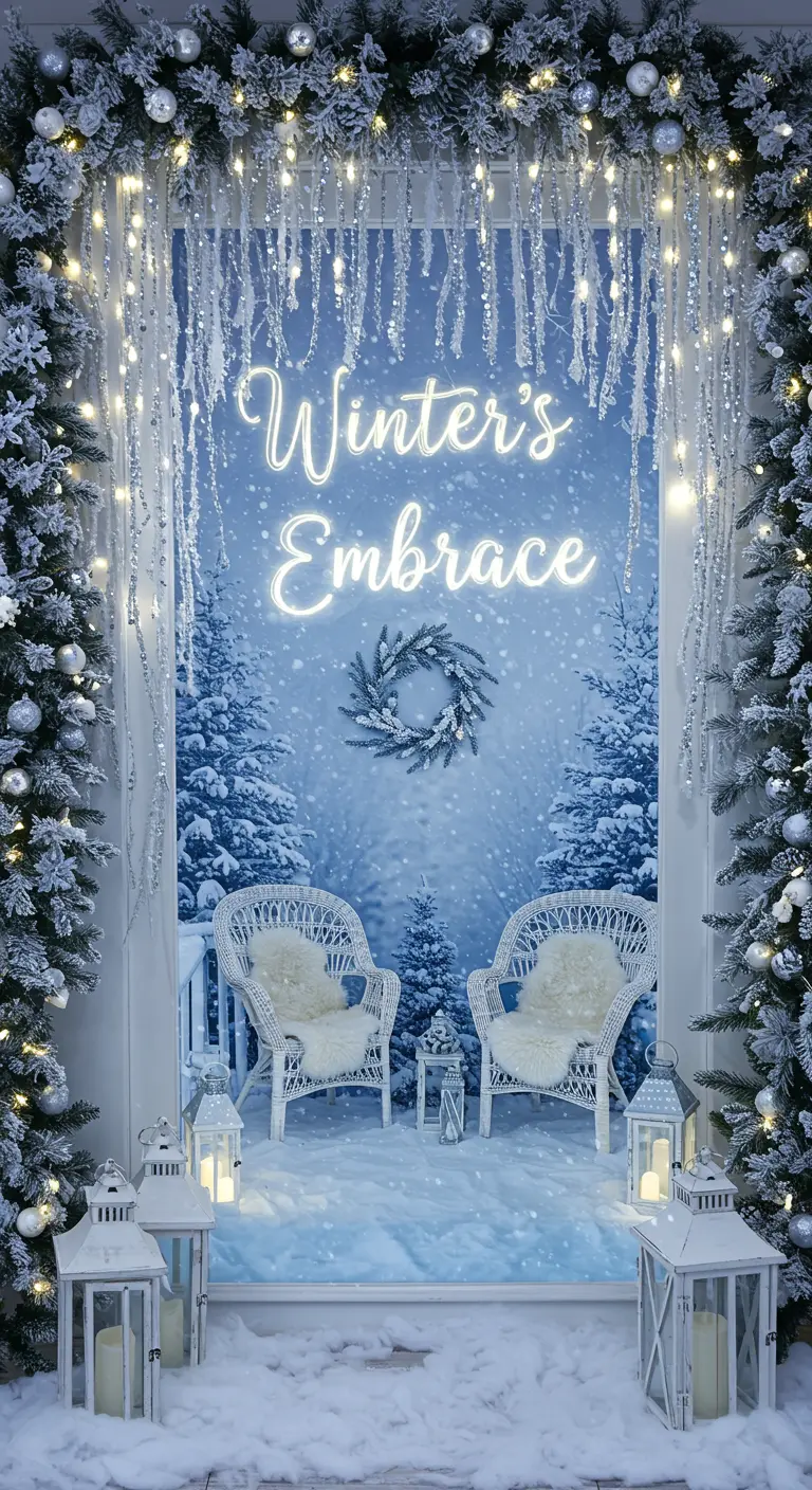 Porte blanche décorée de sapins enneigés, lumières, néon 