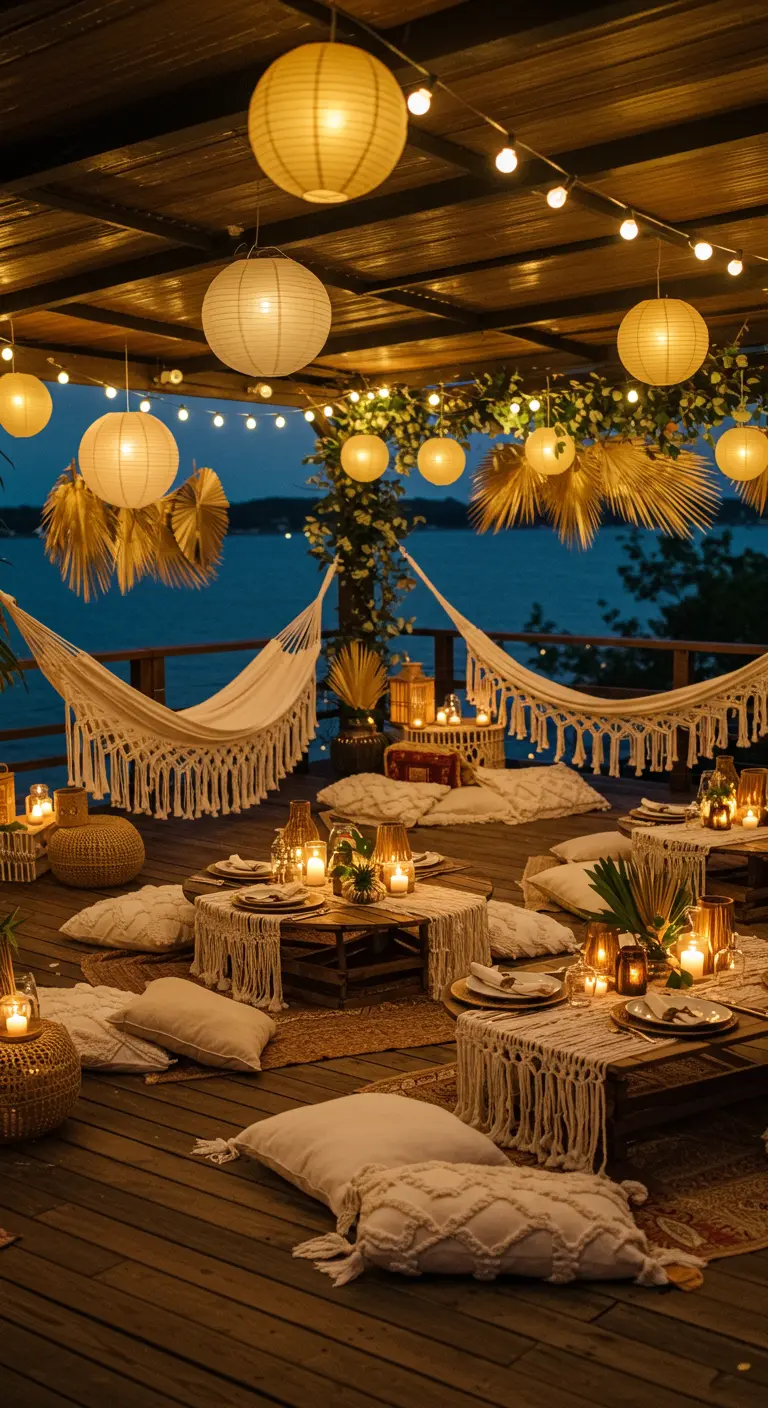 Terrasse en bois au bord de l'eau avec hamacs en macramé, coussins au sol, lampions et lanternes.
